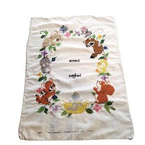 Vintage 70s Cross Stitch Baby Birth Record Completed Panel Unframed Nursery Deco